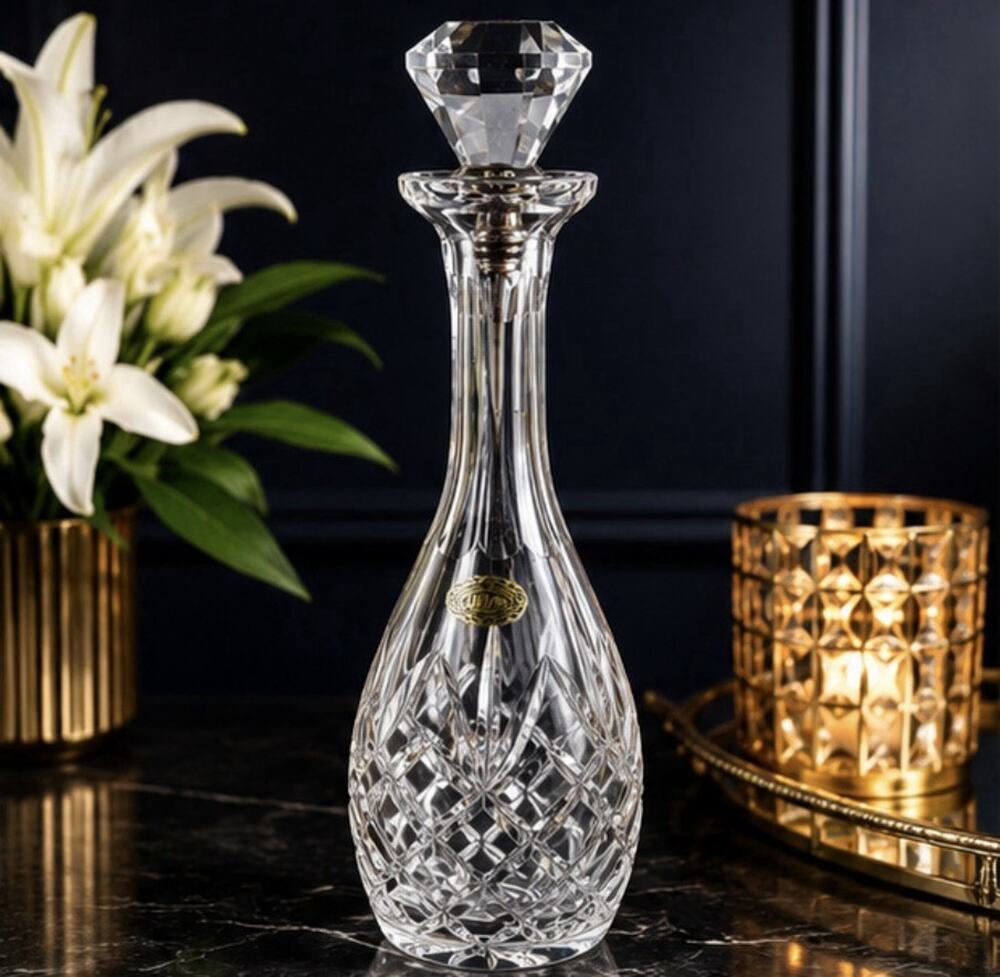 Vintage Europa Lead Crystal Decanter Hand Cut 24% PbO Diamond Doorknob Stopper